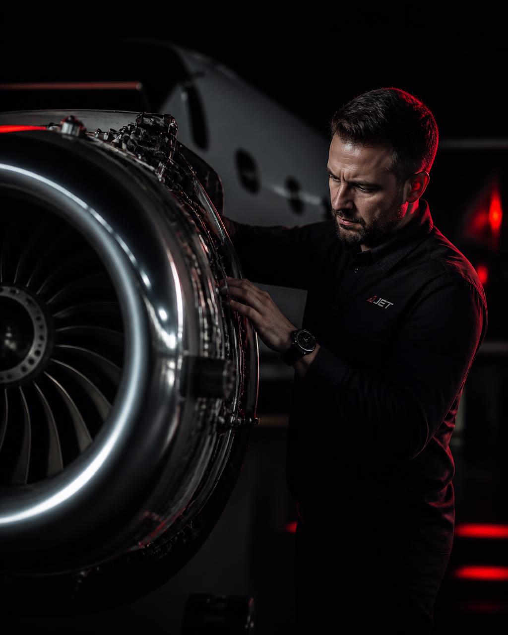 LionX Racing founder inspecting a private jet turbine engine in a hangar